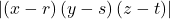 \begin{equation*} \left\vert \left( x-r\right) \left( y-s\right) \left( z-t\right) \right\vert \end{equation*}