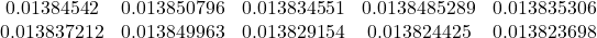 \begin{equation*} \begin{array}{ccccc} 0.01384542 & 0.013850796 & 0.013834551 & 0.0138485289 & 0.013835306 \\ 0.013837212 & 0.013849963 & 0.013829154 & 0.013824425 & 0.013823698% \end{array} \end{equation*}